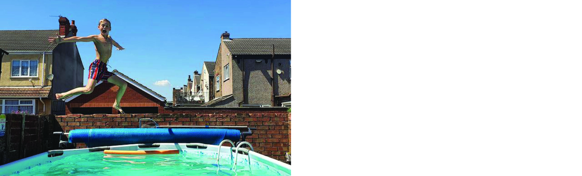 child jumping into pool with geobubble cover on reel in background